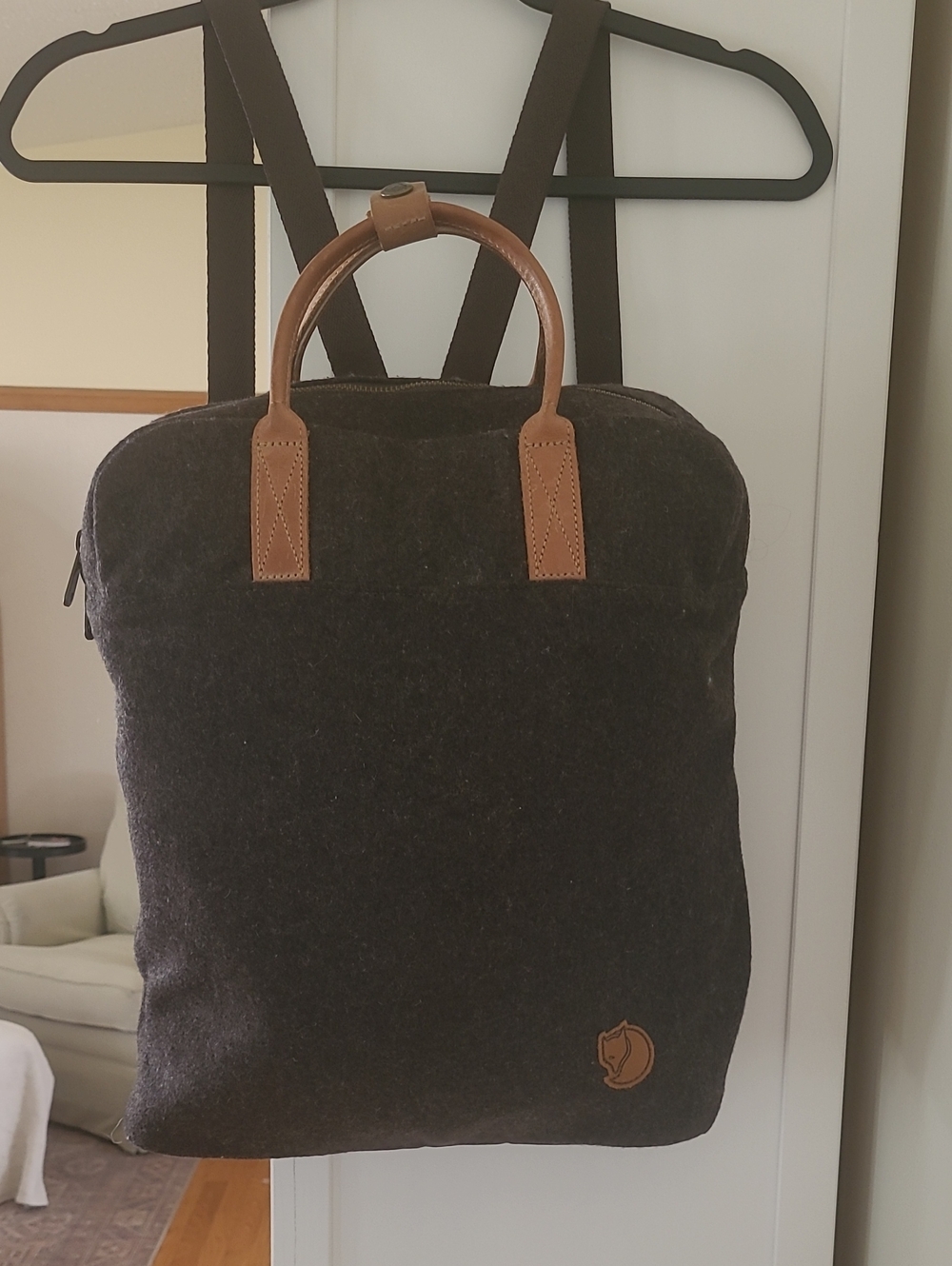 Fjallraven Ornskoldsvik Wool Backpack in Dark Charcoal with Tan Leather Trim